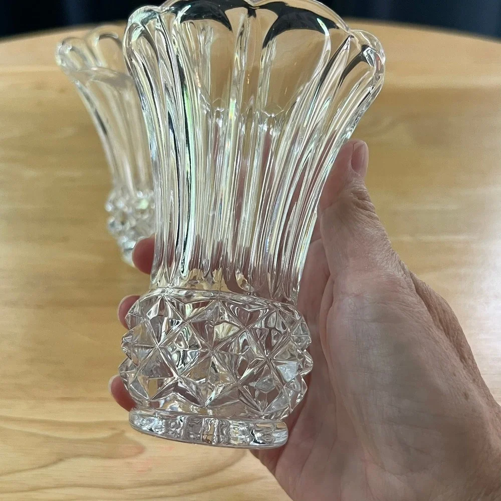 Vintage Crystal Bud Vases Pair Scalloped Flared Tulip Diamond Cut Glass 5.25in